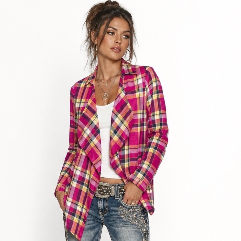 Self Esteem Cardigan Large Pink Plaid Ruched 3/4 Sleeve Open Front Draped Shawl